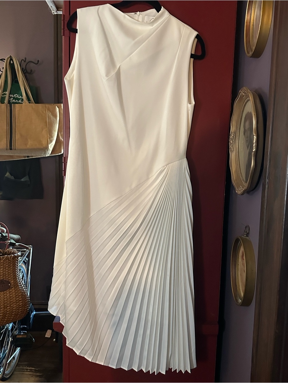 NWOT Sleeveless Pure White High-Neck Pleated Midi Dress with Asymmetric Hem